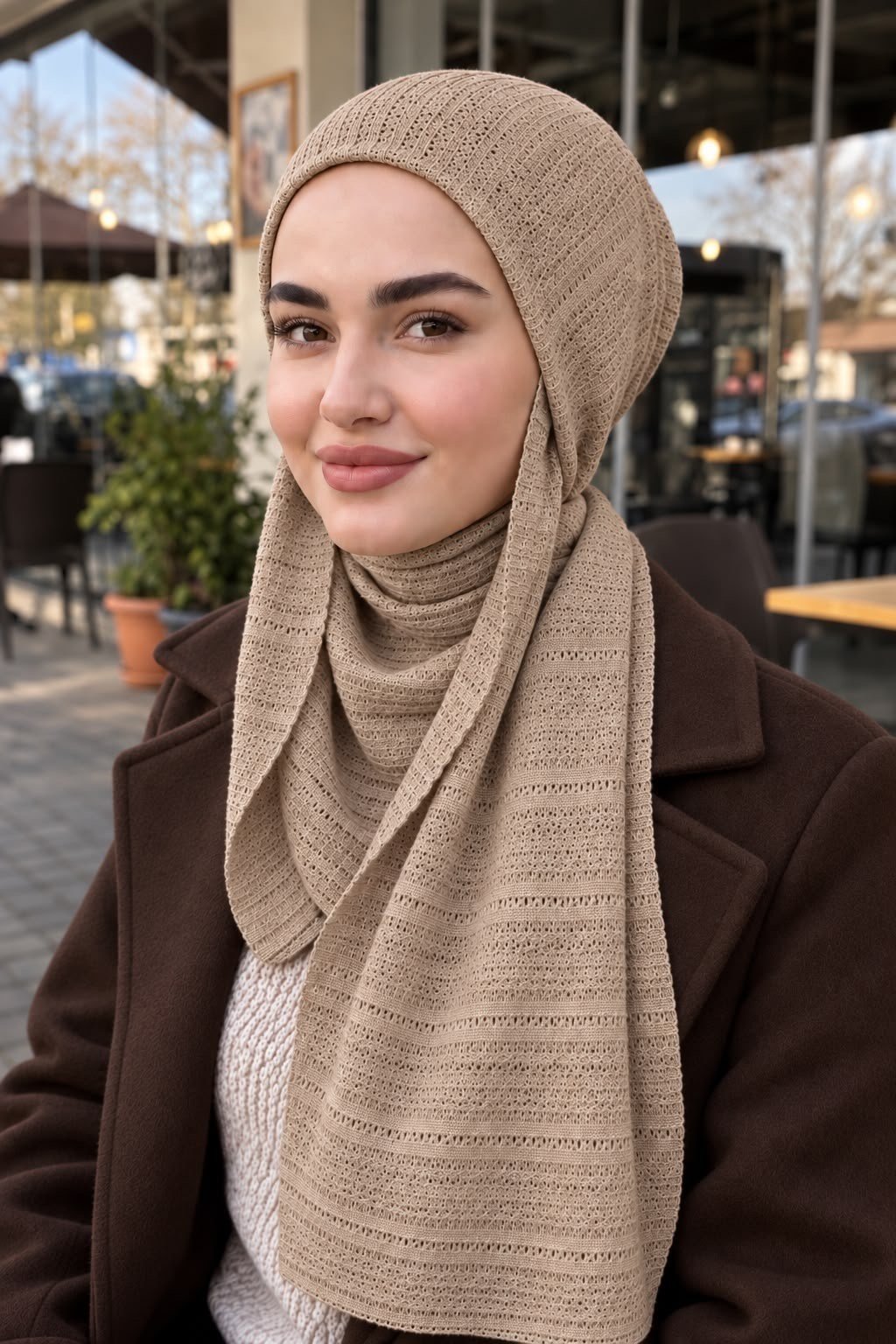 Kum Beji Ajurlu Triko Kelebek Bone Şal