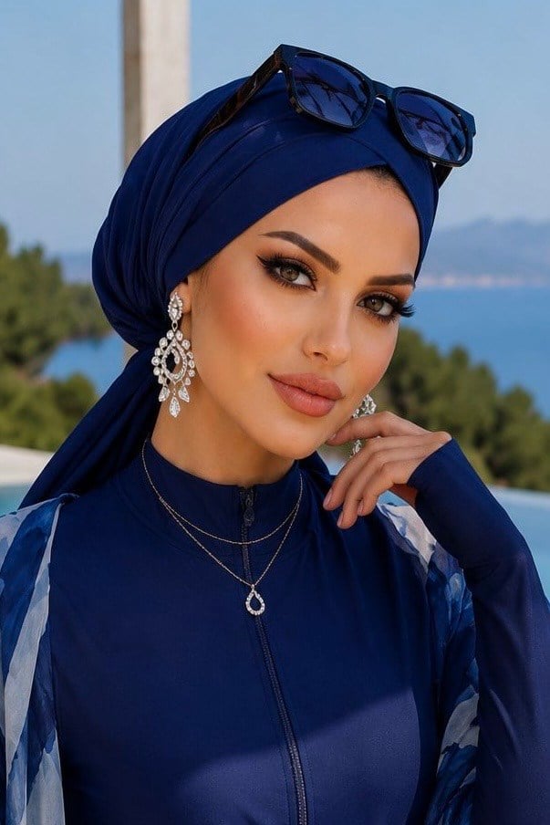 Lacivert Çapraz Deniz - Havuz Bonesi