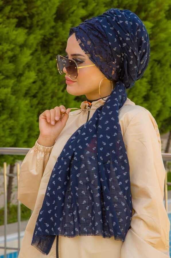 Lacivert Çiçekli Koton Bandana Şal - 50100