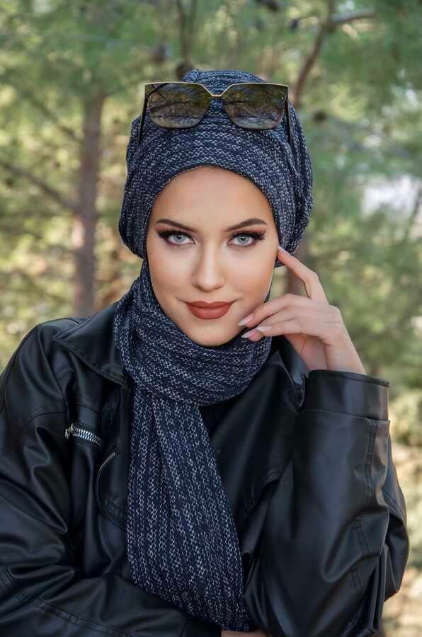 Lacivert Çizgili Tesettür Bere