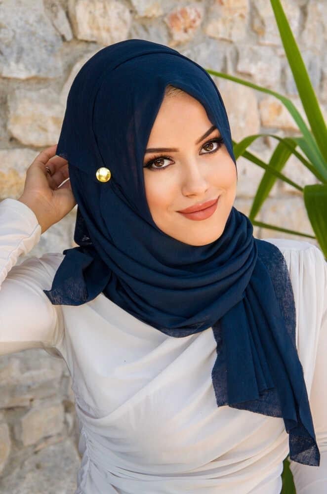 Lacivert Düğmeli Double Şal