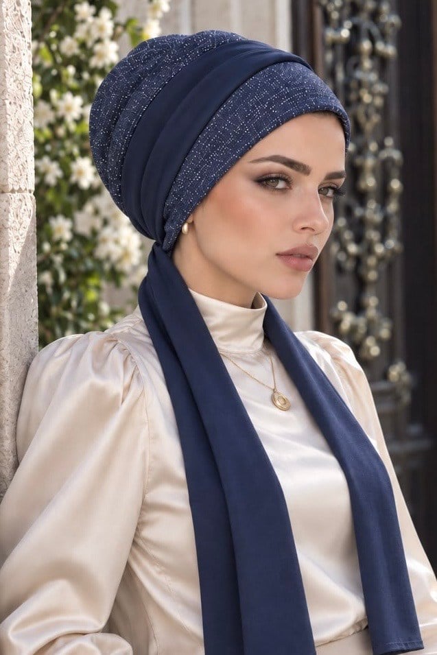 Lacivert Işıltılı Atkılı Bone