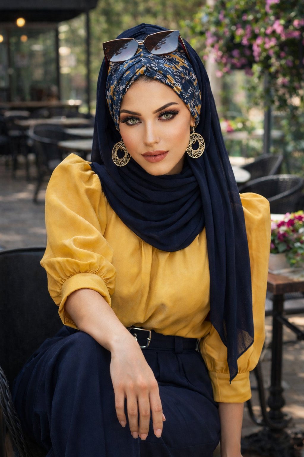 Lacivert Mimoza Çiçek Desen Hazır Şal