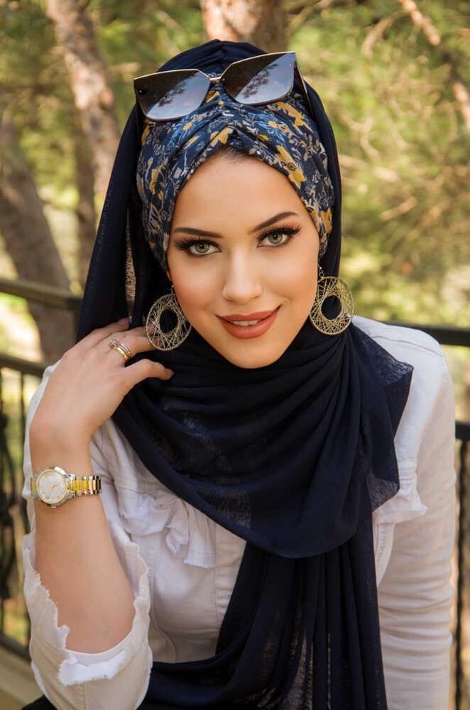 Lacivert Mimoza Çiçek Desen Hazır Şal