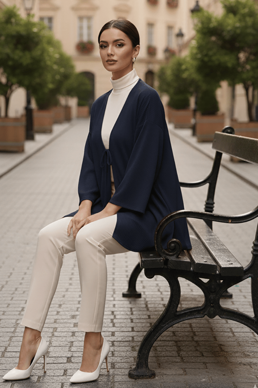 Lacivert Önü Bağlamalı Kimono Tunik /Likralı Yazlık Kumaş