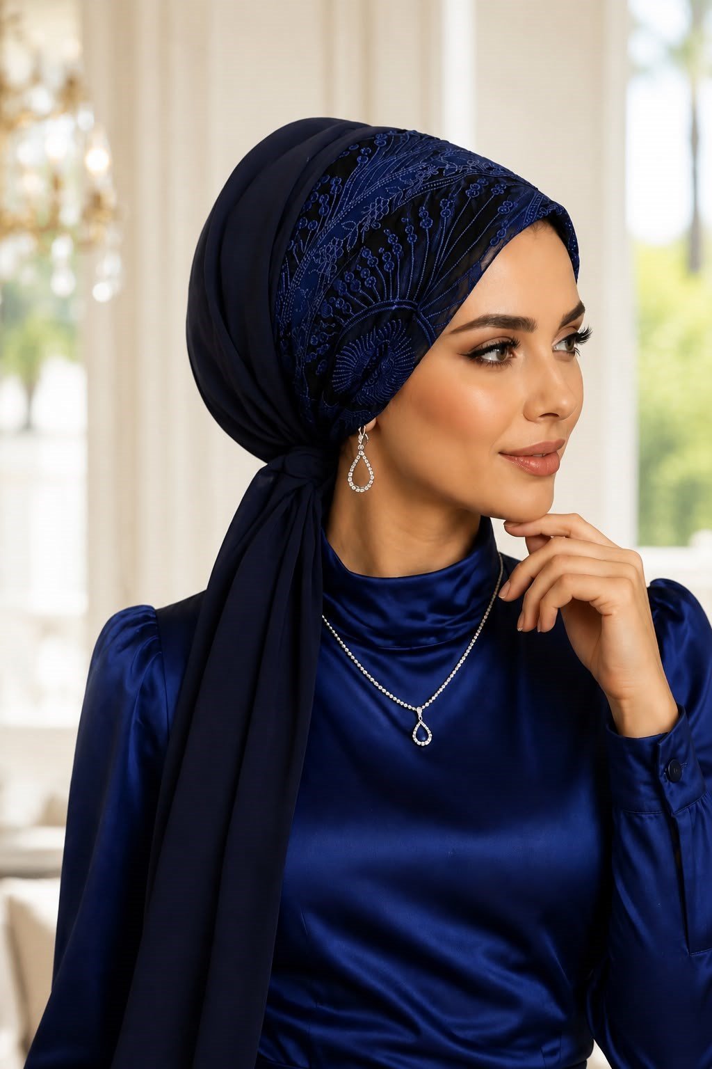 Lacivert Saks Mavi Abiye Tokalı Bone / Hazır Duvak