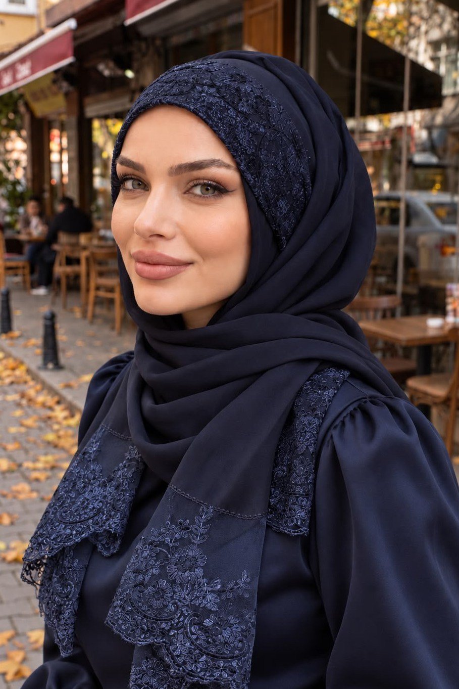 Lacivert Şifon Dantelli Abiye Bandana Şal