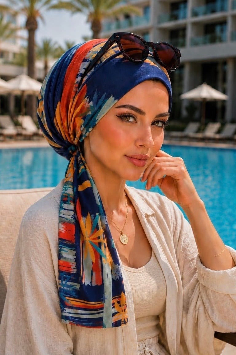 Lacivert Suluboya Desen Eşarp Bone