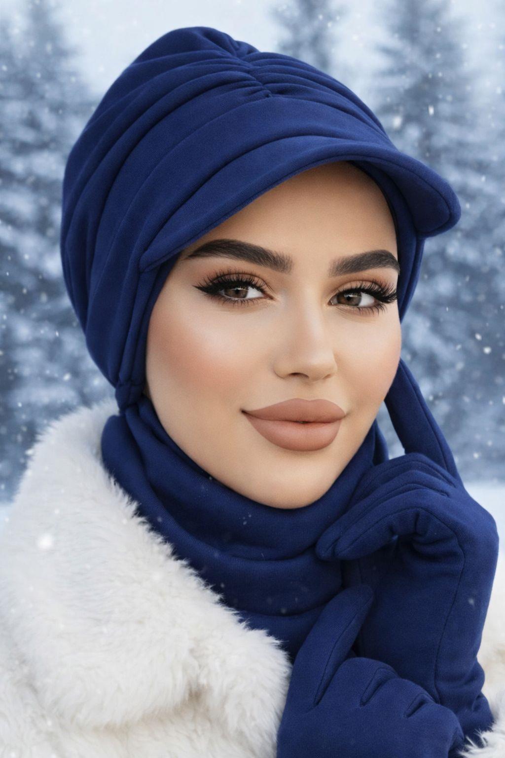 Lacivert Tesettür Şapka Ve Etol Takım