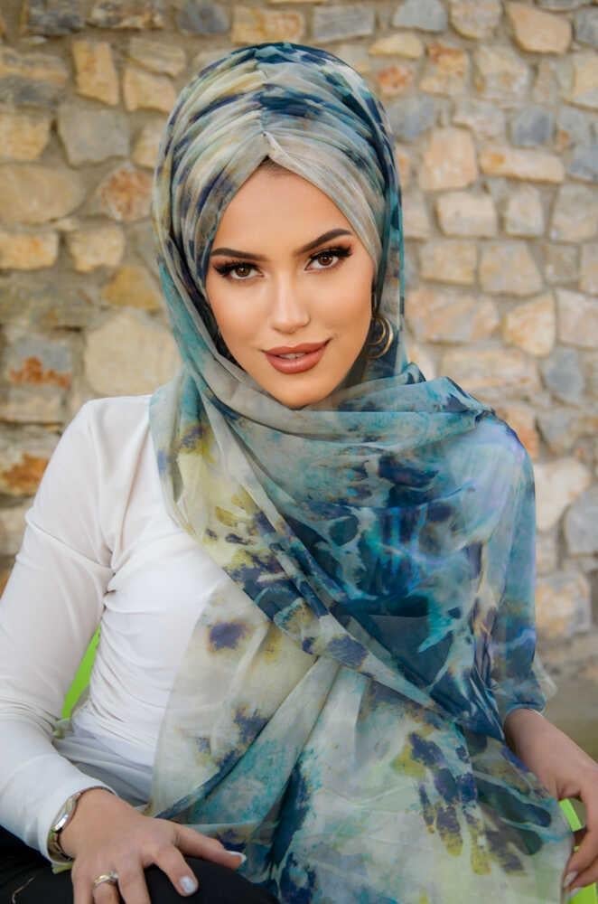 Lacivert Turkuaz Tonlamalı Hazır Şal