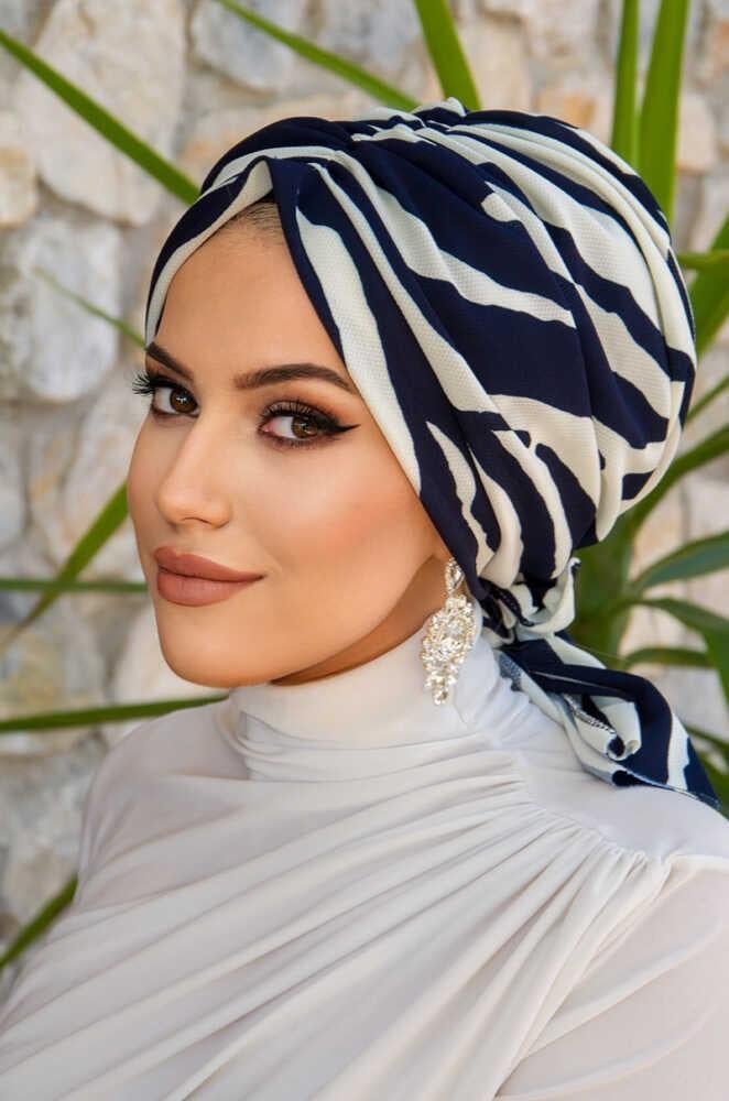 Lacivert Zebra Desen Tokalı Bone