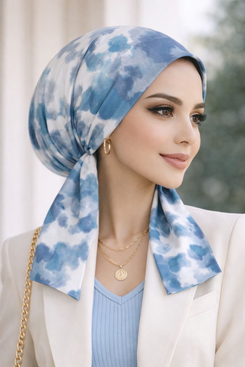 Mavi Batik Desen Eşarp Bone