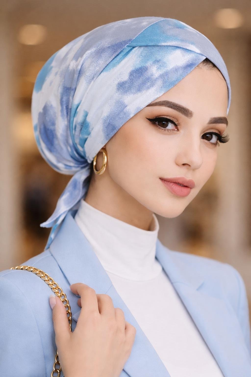 Mavi Beyaz Batik Çapraz Bantlı Bone