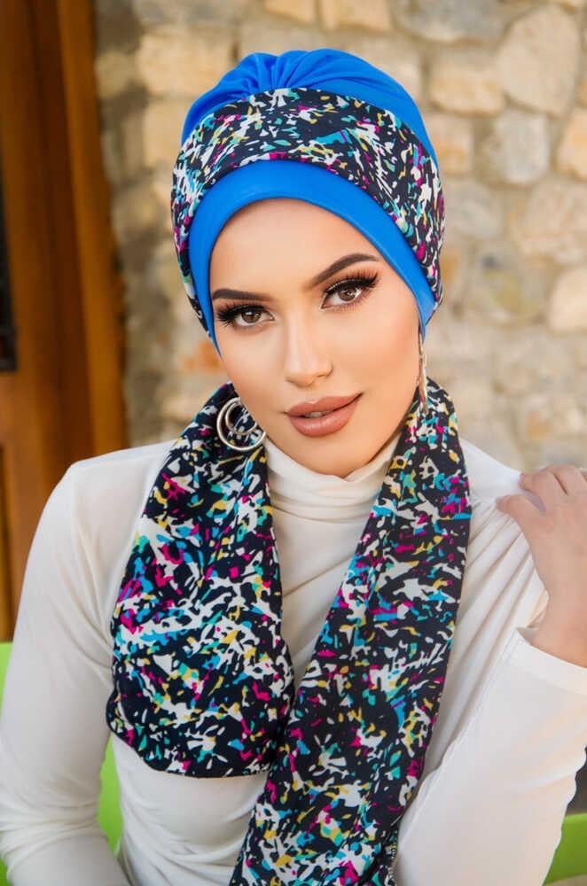 Mavi Siyah Puan Fularlı Bone