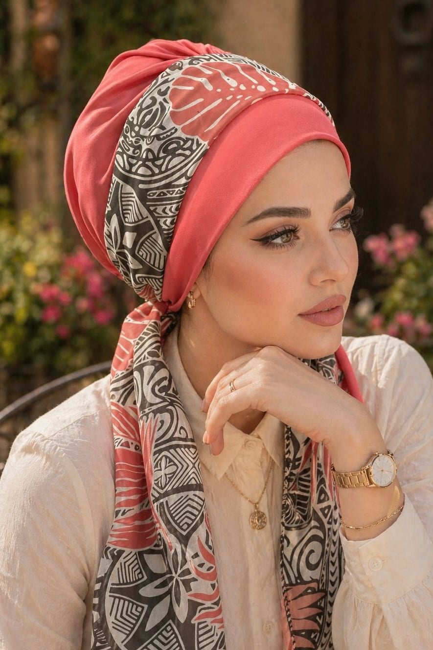 Mercan Siyah Desenli Fularlı Bone