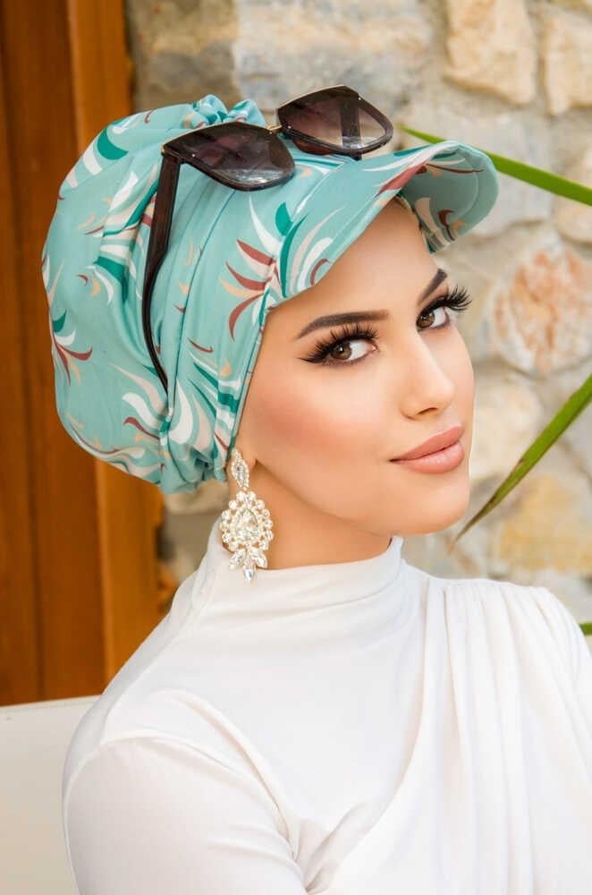 Mint Desenli Tesettür Şapka Bone