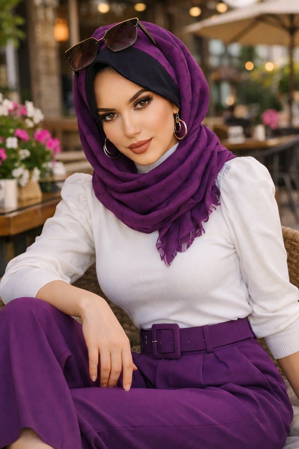 Mürdüm Çiçek Baskılı Şapkalı Şal