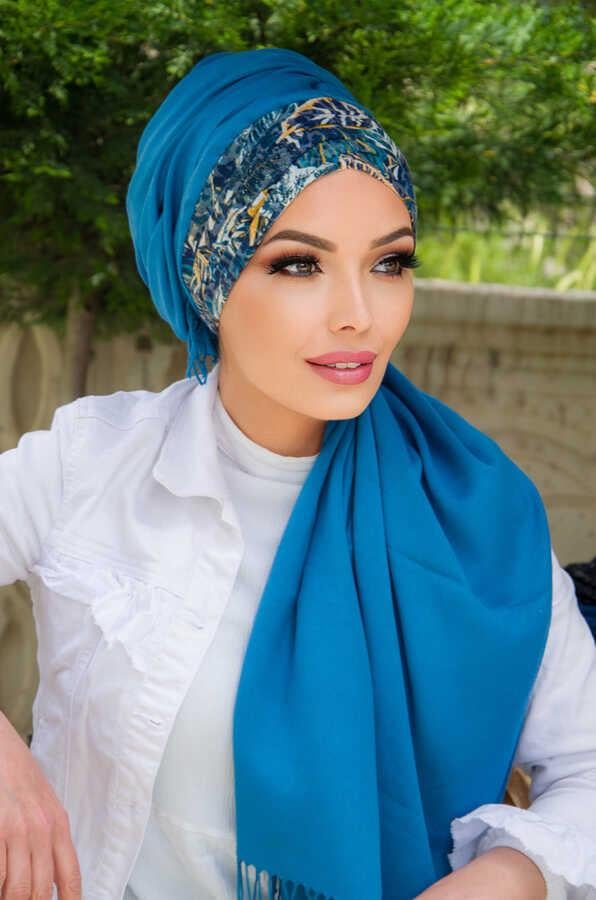 Petrol  Çiçek Desen Hazır Şal