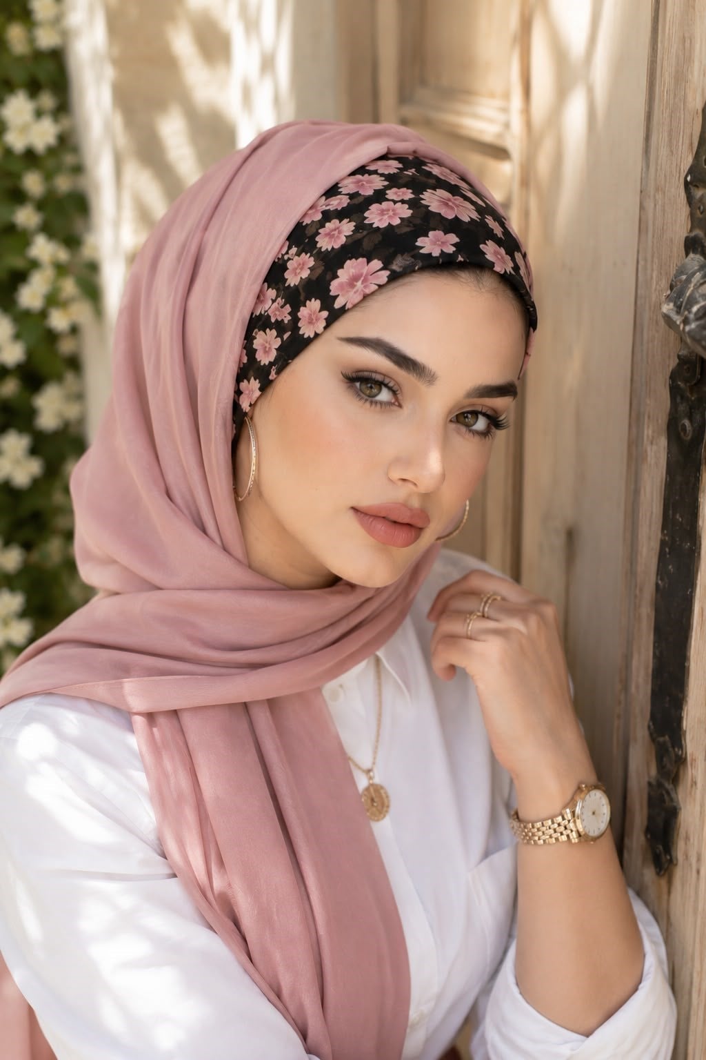 Pudra Çiçekli Bandana Önü Düz Hazır Şal
