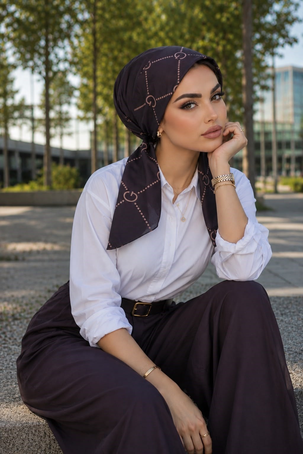 Pudra Kahve Puan Desen Eşarp Bone