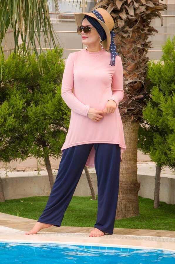 Pudra Lacivert Tesettür Mayo / ikili takım