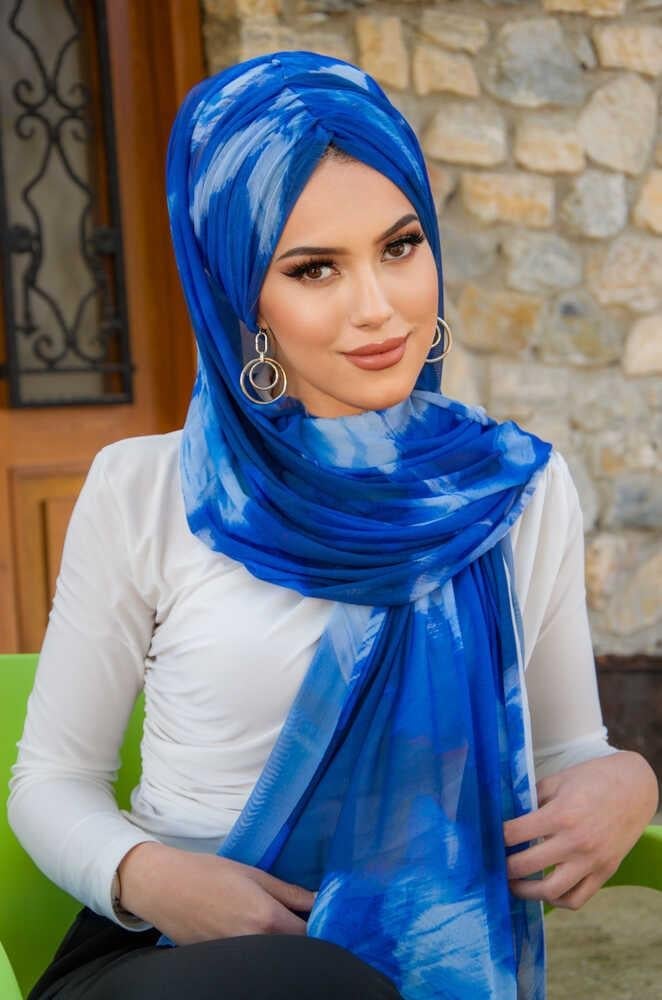 Saks Mavi Batik Desen Hazır Şal