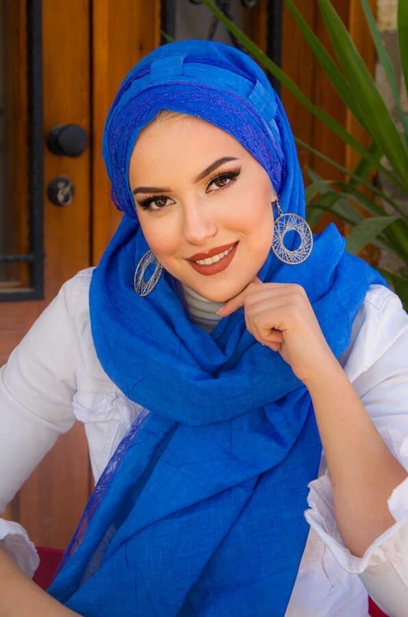 Saks Mavi Pamuk Biritli Şal