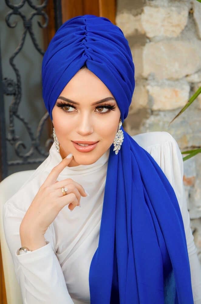 Saks Mavi Tül Büzgülü Dolama Bone