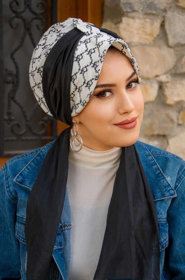Siyah Beyaz Hat Desen Fularlı Şapka