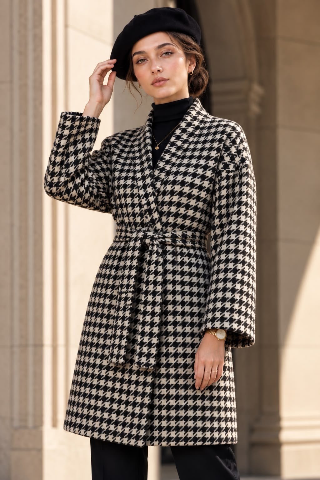 Siyah Beyaz Kaşe Kazayağı Desen Kuşaklı Kimono Ceket / Kışlık Ürün