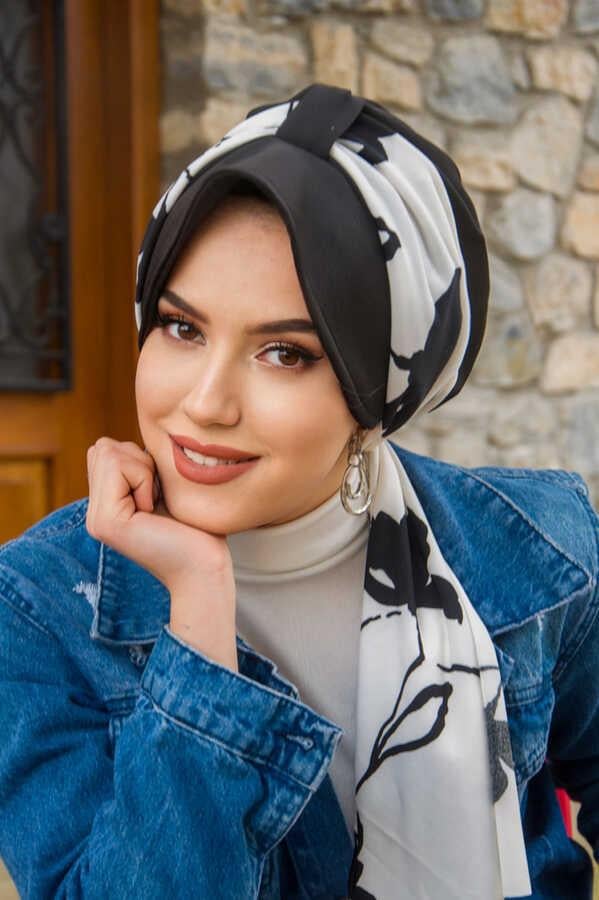 Siyah Beyaz Yaprak Desen Fularlı Şapka Bone