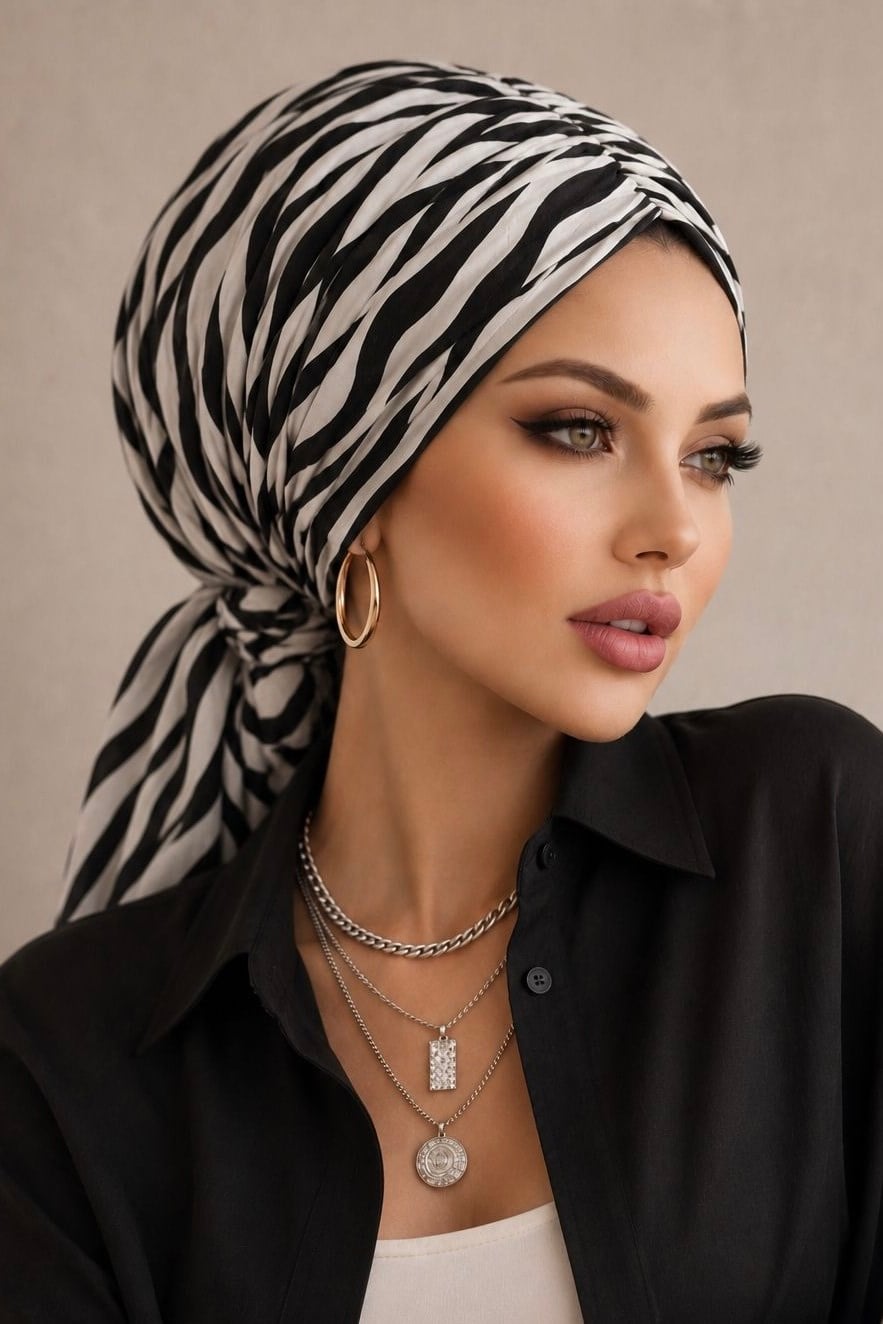 Siyah Beyaz Zebra Desenli Tokalı Bone