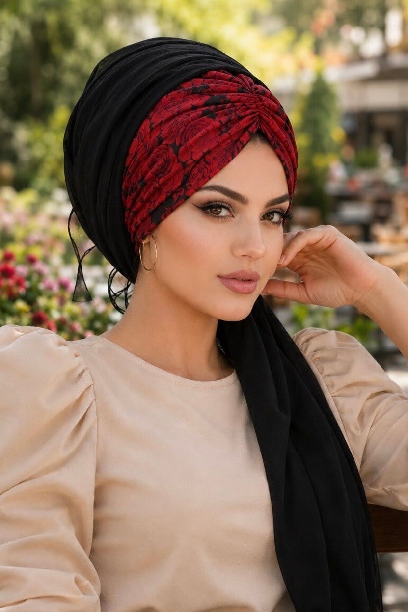Siyah Bordo Gül Desen Hazır Şal