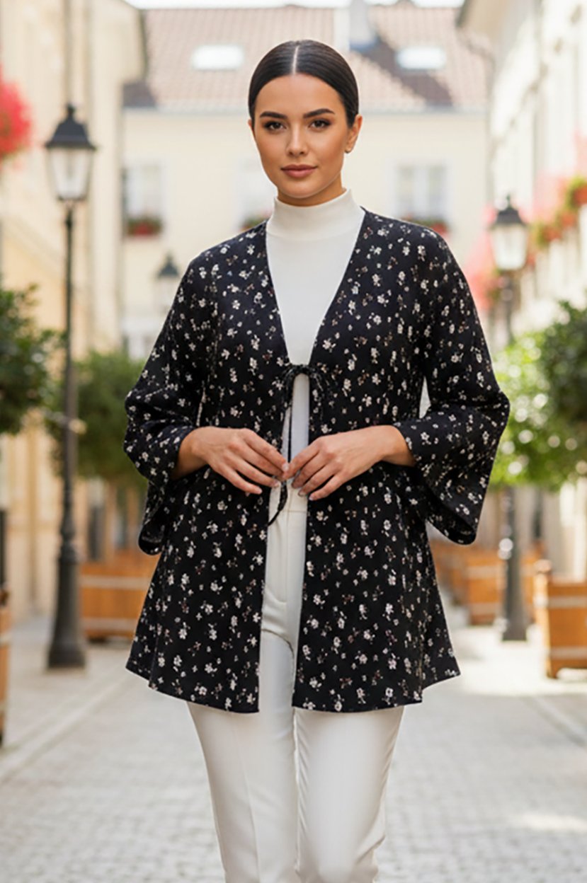 Siyah Çiçekli Önü Bağlamalı Kimono Tunik / Likralı Yazlık Kumaş