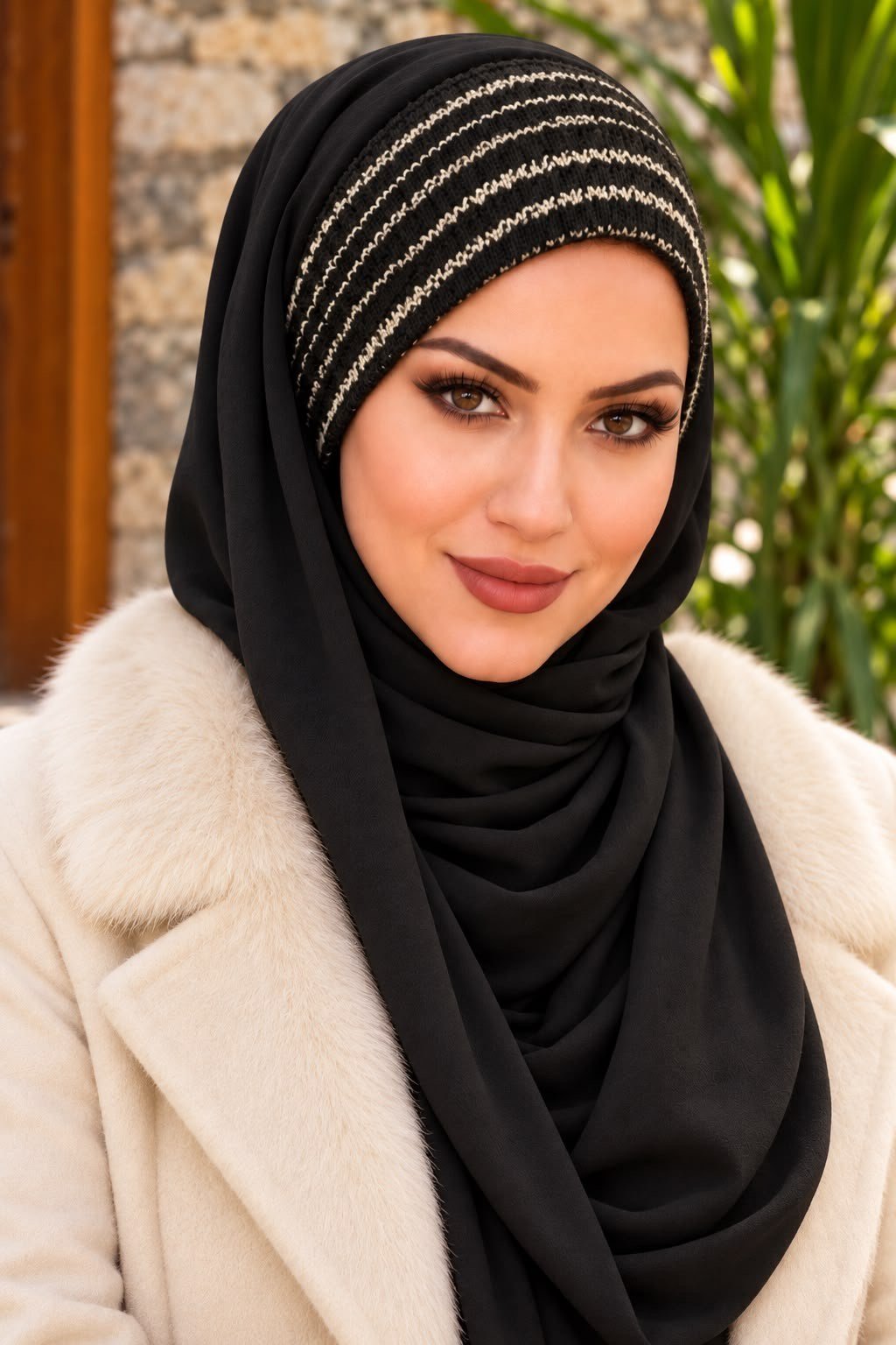 Siyah Çizgili Triko Bağcıksız Bandana Hazır Şal
