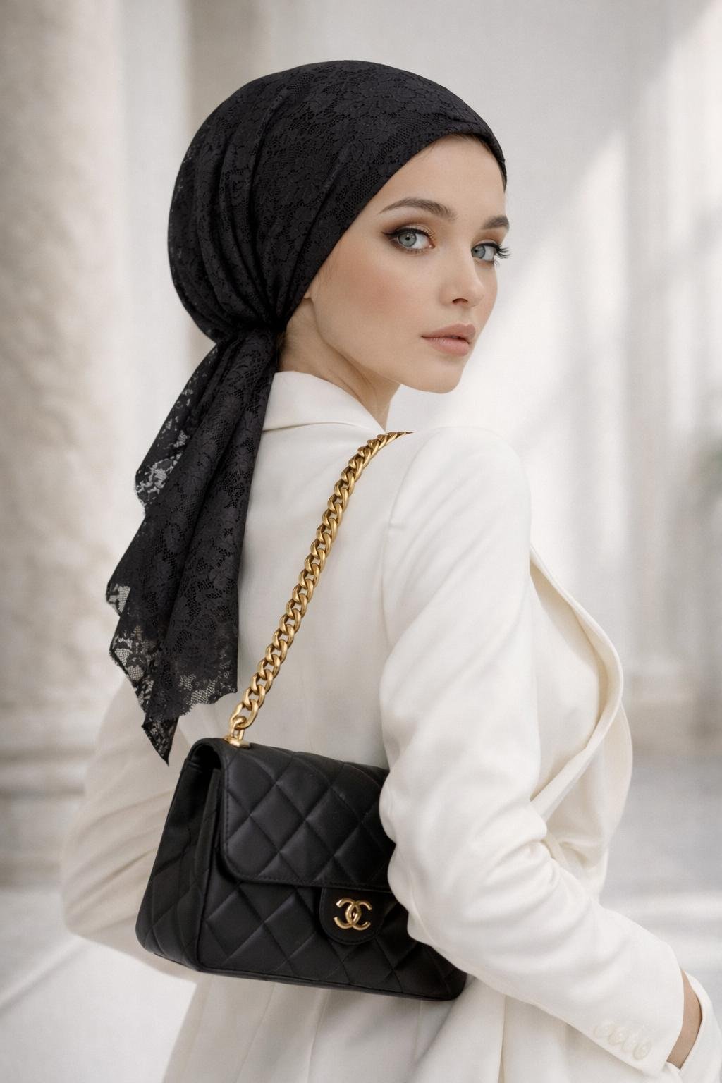 Siyah Dantel Eşarp Bone