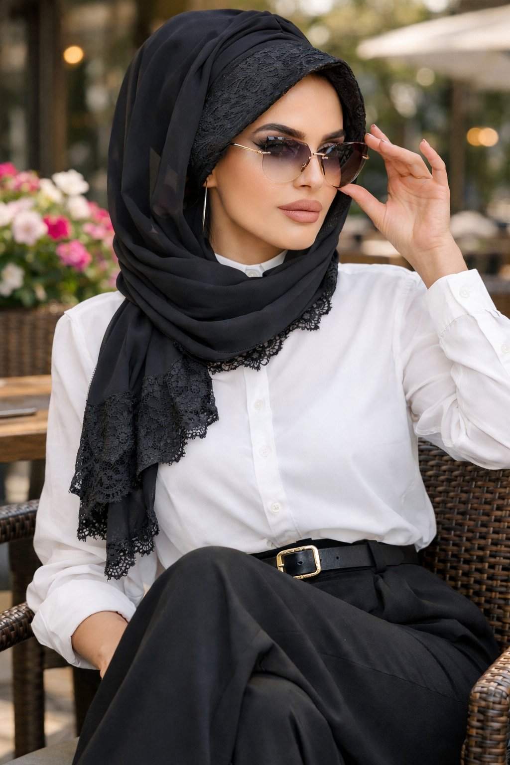 Siyah Dantelli Şapka Şal