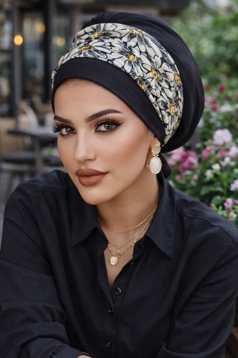 Siyah Ekru Desen Bantlı Bone