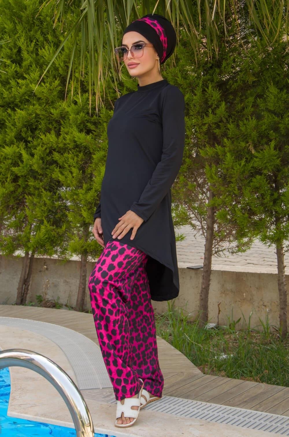 Siyah Fuşya Leopar Tesettür Mayo