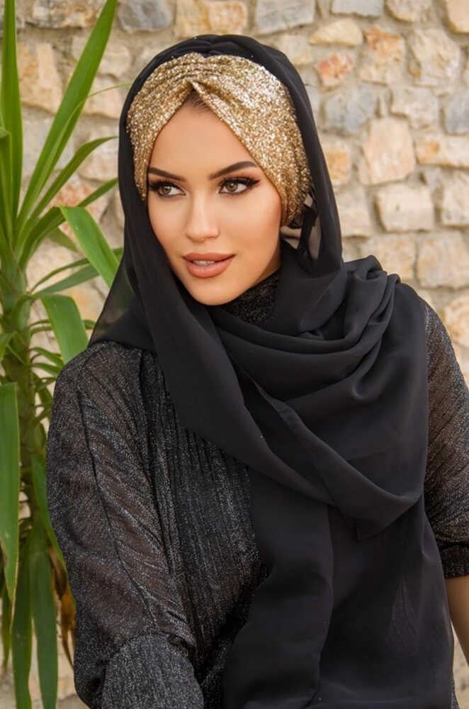 Siyah Gold Simli Abiye Şal
