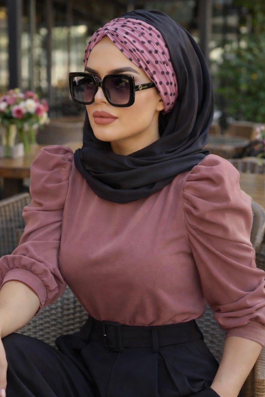 Siyah Gülkurusu Puanlı Büzgülü Hazır Şal