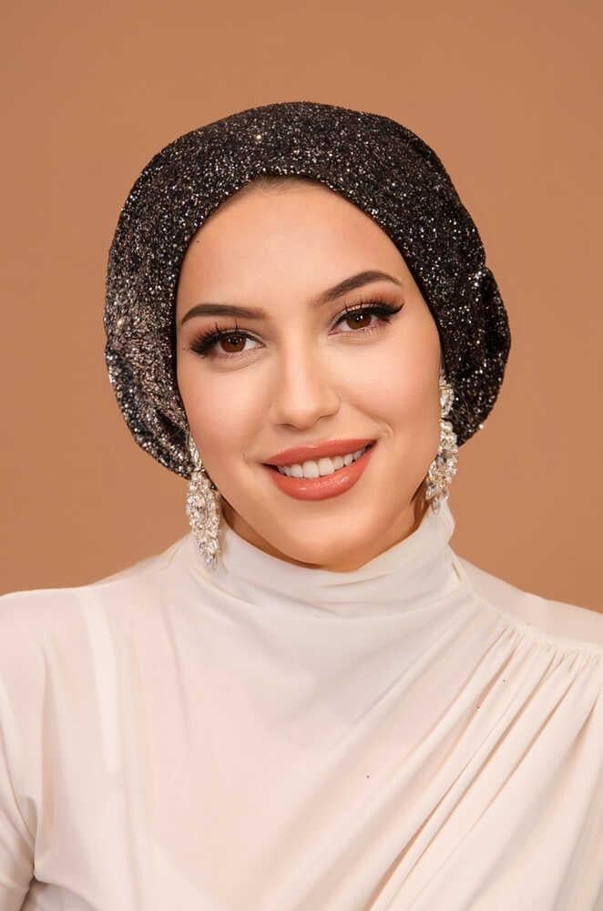 Siyah Gümüş Simli Çağla Abiye Hazır Türban Bone