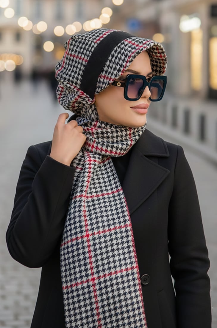 Siyah Kırmızı Detay Kazayağı Desen Tesettür Şapka