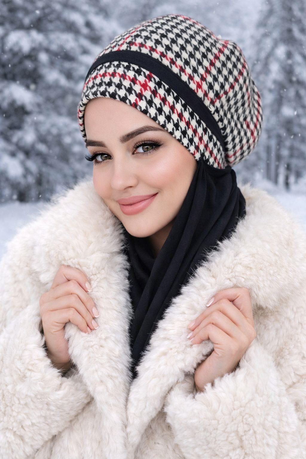 Siyah Kırrmızı Kazayağı Tesettür Bere Şal