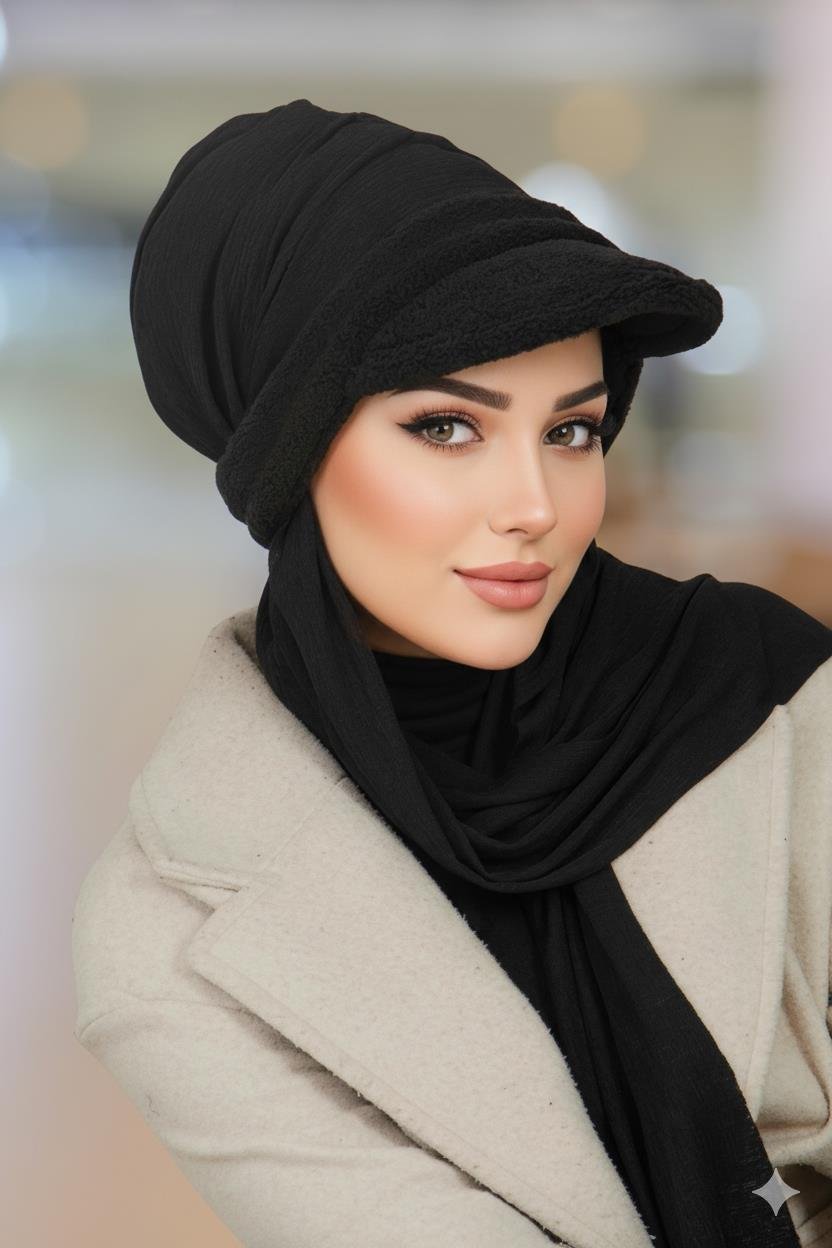 Siyah Kürk Kepli Bone Şal