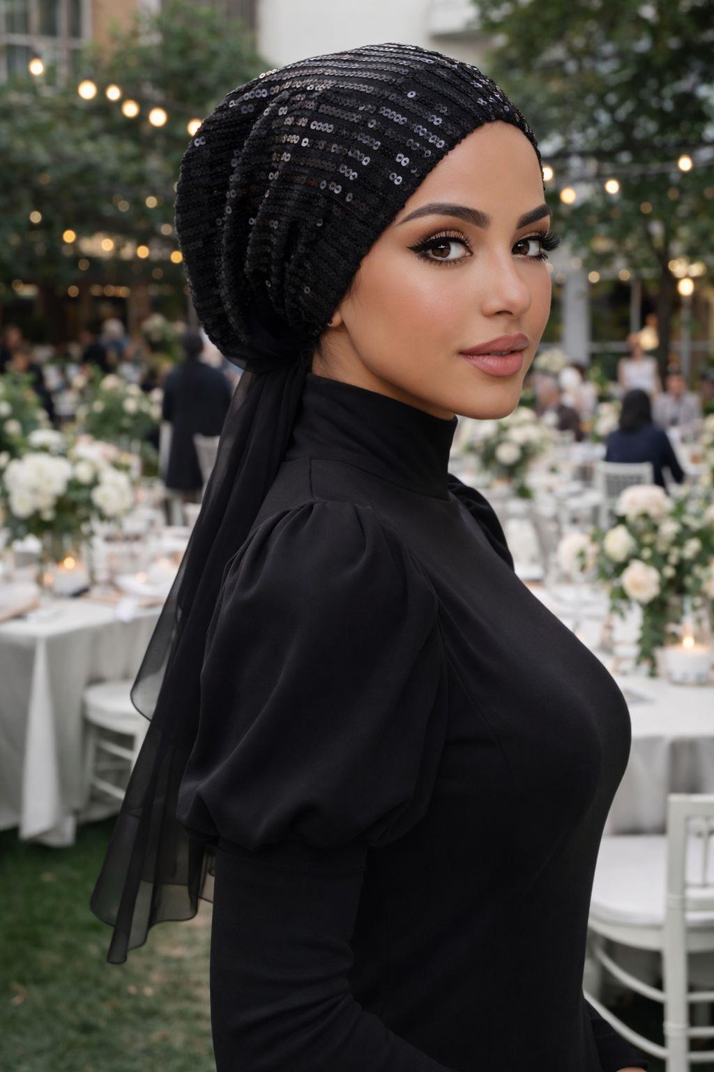 Siyah Payet Abiye Tokalı Bone