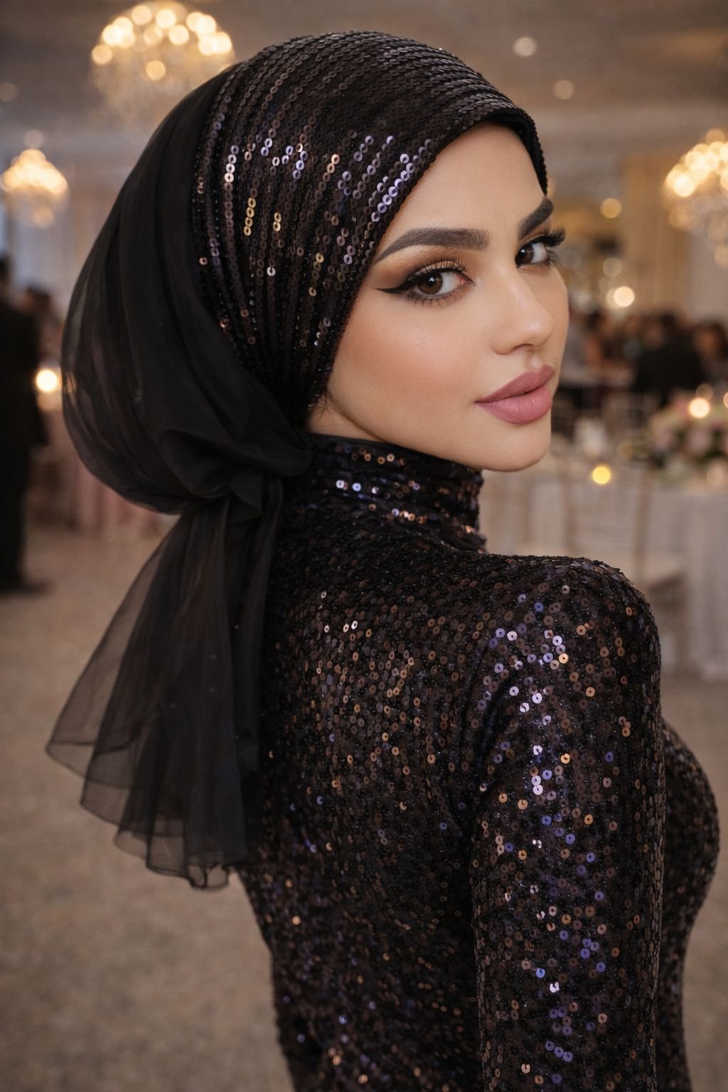 Siyah Payetli Abiye Tokalı Bone