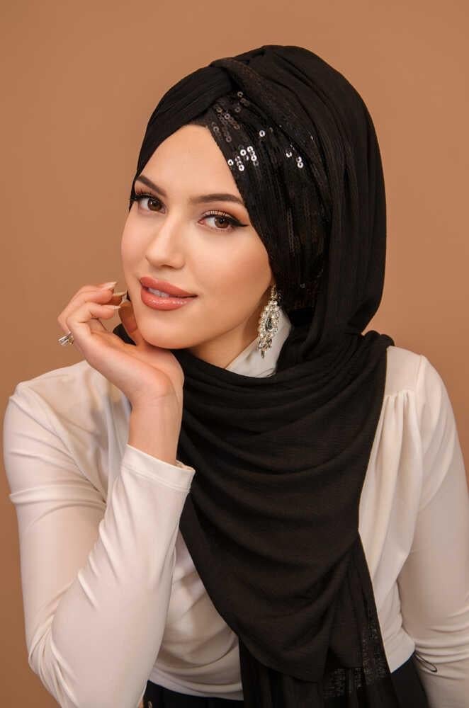 Siyah Payetli Burgu Model Hazır Abiye Şal