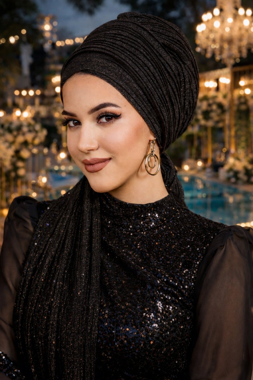 Siyah Simli Piliseli Abiye Atkılı Bone