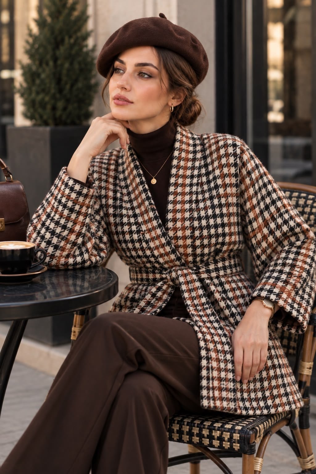 Siyah Taba Kaşe Kazayağı Desen Kuşaklı Kimono Ceket / Kışlık Ürün